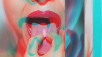 Psychedelic image of woman taking a pill.