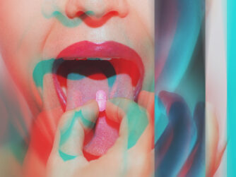 Psychedelic image of woman taking a pill.