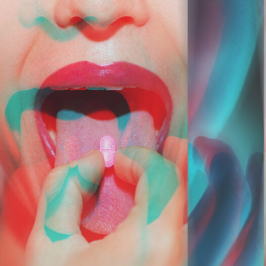 Psychedelic image of woman taking a pill.