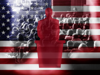 Silhouette of a male politician at a podium. Background shows a diverse crowd of people sitting in an auditorium, embossed over an image of the United States flag.